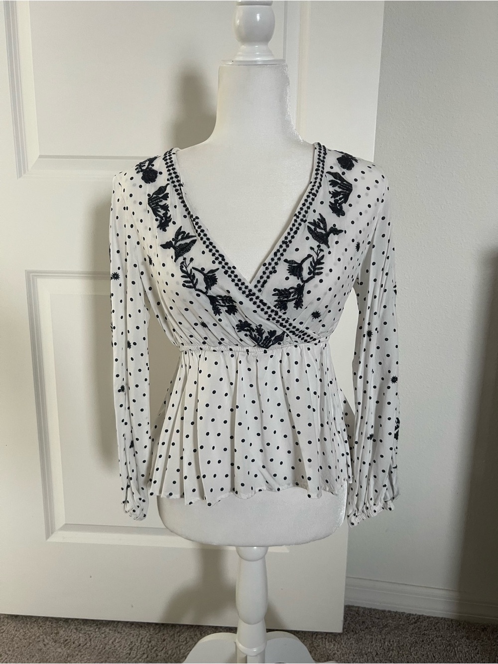 EUC White & Navy Blue Polka Dot Embroidered Blouse Small